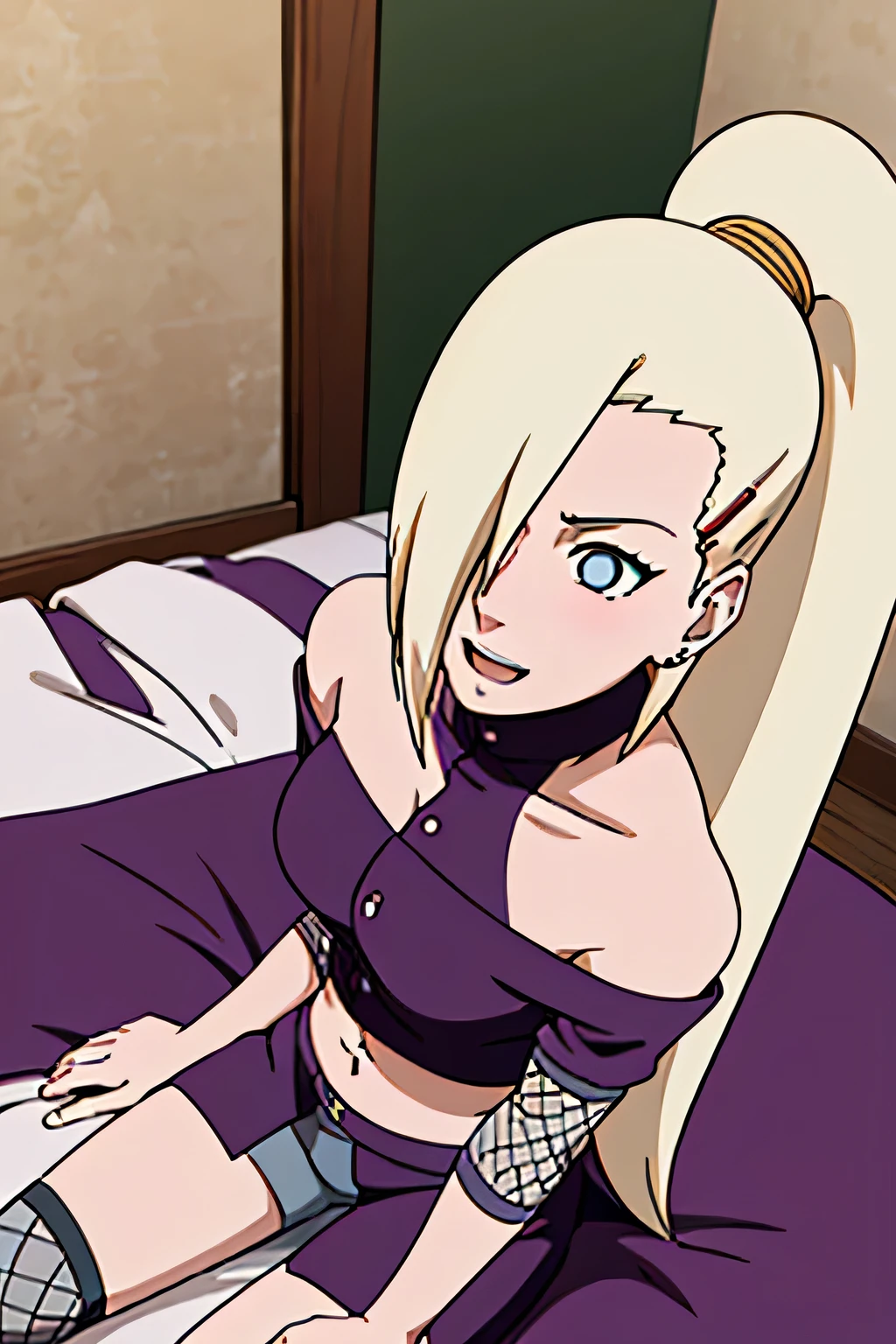 (Position yourself for the audience.), Ino Yamanaka, looking at the audience, charming, Groin, cowboy shoot, Extraordinarily detailed face, bedroom, Daytime, upper body view, anime style, alone, House details, Blonde, ((One eye is covered with fur., Hair over the eyes)), Medium bust, Belly button, looking at the audience, (off shoulder, Broad shoulders, curved body), hidden eyes, smile, open mouth, very happy, high, Hair clips, Looks sharp, Sharp face, Sharp eyes, cool colors,Knees up,Beautiful legs,Leg kick,sitting on the bed,Leg lift,Split your legs,Show your pants,นั่งSplit your legs, blushing