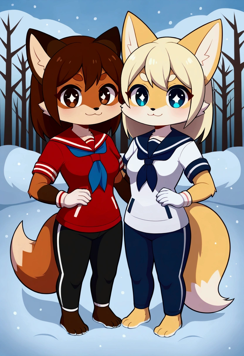 3girls, fox and tanuki, furry, bodyfur, tail, sailor suit, short sleeves, jersey pants, long pants, white gloves, snow gloves, barefeet, chibi, sparkling eyes, full body, snow, boyish