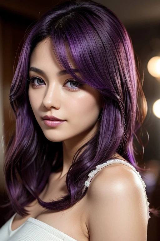 Shoulder-length wavy purple hair、Purple eyed woman