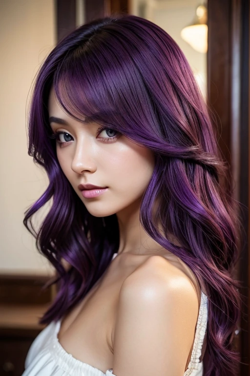 Shoulder-length wavy purple hair、Purple eyed woman