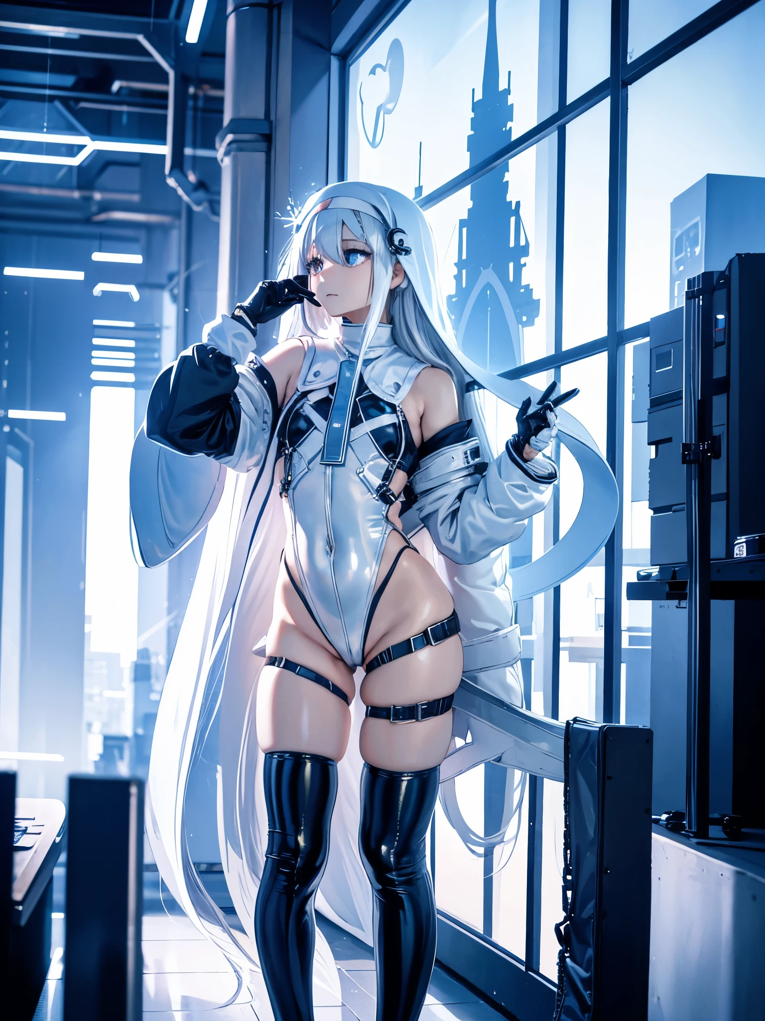 best quality. 4k. 8k. a cute girl. Silver hair. Long hair. nun. magical girl. (white clothes). (white leotard). cyberpunk. urban. cityscape. blue neon. looking at viewer. standing. (looking up)