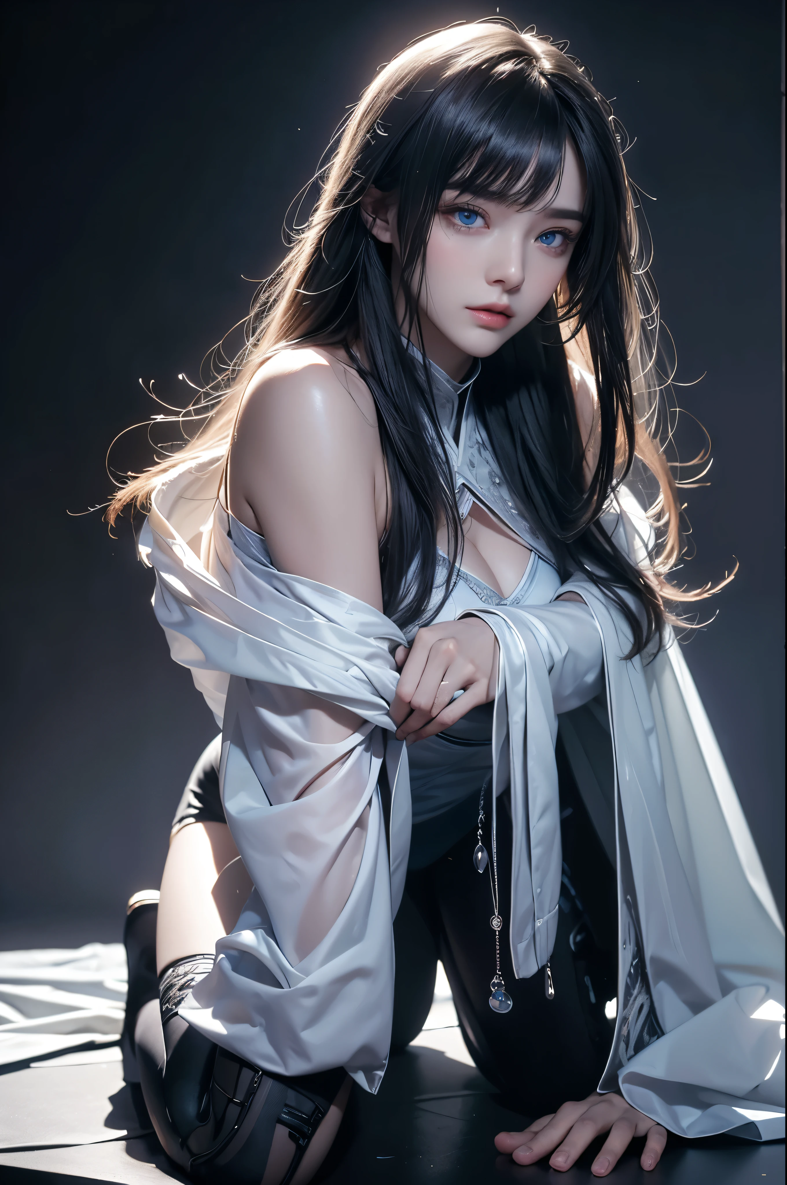 masterpiece, Highest quality, Very detailed, To the camera, Very detailed, Realistic, Sharp features, Very detailed, Sharp focus, Perfect Face, Perfect Face, Perfect symmetry and perfect eyes, Perfect Plump Lips, Flexible female form, cinematic, Film Light, Very detailed, hyper Realistic, masterpiece, Atmospheric, High resolution, Vibrant, Dynamic Studio Lighting, ((Dark Background)), The expression when enduring pleasure, Straight bangs, Blue eyes,Kneeling with hands on crotch、Butt、Sexually aroused expressions、No clothes、NSFW,((top quality、8k、masterpiece:1.3))Wears a silver-white mech，girl with delicate face，Highest image quality，Ultra-clear，Delicate and clear facial features，end of the world，Mechanical arm，Exquisitely detailed mechanical pattern,Cyberpunk characters、numbercity、number、century、throne