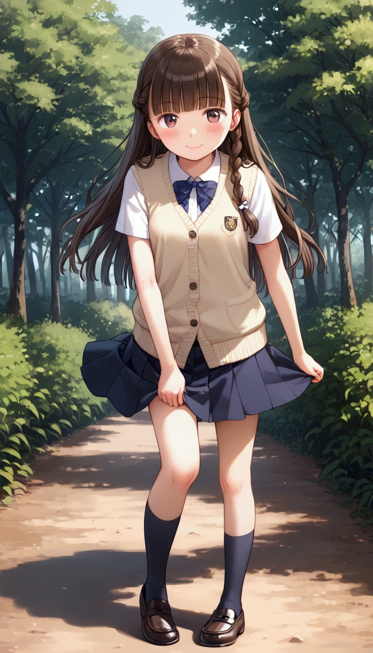 {Highest quality}, {Super beautiful},{Ultra fine},{Best illustration},Brown Hair,Hime cut,long hair,Braid,One woman,Standing Woman,Strike a pose,smile,smilingly,cardigan,White Shirt,Short sleeve,Navy Skirt,Black knee-high socks,Black Loafers,at the park,Blushing,Slender,barefoot,Stand with your legs together,from the front,Bend one leg