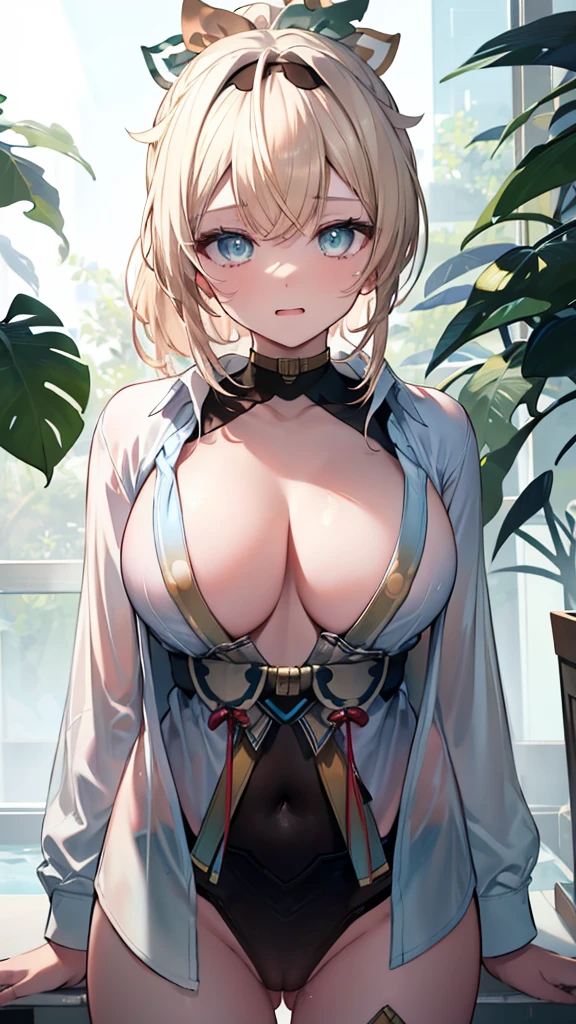 (best quality:1.2), (ultra detailed:1.2),(masterpiece:1.2),(8k:1.2),(Blessed,Captivating body、Ultra detailed hands、Ultra-detailed eyes、Ultra-detailed skin、ultra-detailed face,Detailed Background),One Girl、((white dress shirt, naked shirt,cleavage ,open shirts,large shirts,no panties,bottomless:1.2)),(ecstasy, aroused:1.5), 1girl, kazama iroha, blonde hair, ponytail, Blue eyes, black hairband, hair ornament, leaf hair ornament, covered navel, breasts