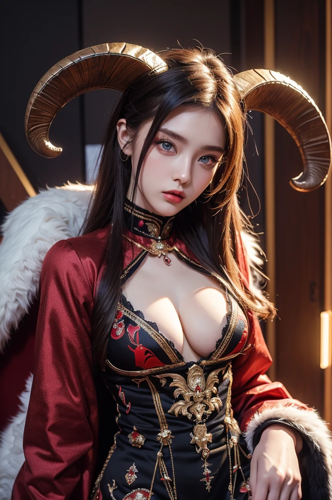 (8k, Highest quality:1.2)、masterpiece, (((a  beautiful female demon))), (((Attractive Russian model)))、(( Clothes that fit the body))、(((Ram&#39;s horn)))、((Plate armor with attention to detail)),(((whole body金属の鎧)))、 (Strong muscular body),(Powerful arms)、(((Big Breasts)))、(((Voluptuous)))、(((Large Breasts)))、 (Light blonde hair), Braiding、Disheveled Hair、 (She is wearing a long black and red dress), (((The background is a church))),(((Stained glass background)))、 (((Holding a sword))), (Big Sword)、 High resolution, (Skin Texture:1.1), Highest quality, 超High resolution, (Realistic: 1.4), RAW Photos, By Ellen von Unwerth, Nikon D850 film stock photos, 1 1 1.6 Lenses, Rich colors, Bokeh, Sharp focus, Realistic, Cinestill 800, Backlight, Rim Light, Strong sunlight, Realistic, Realistic Shadow, 3d, (Dark room),Hair blowing in the wind、whole body、 (Ancient fantasy soldiers),(Ancient soldier armor),Combat Accessories,breastplate、((Long skirt))、Voluminous lips、((Big Breasts))、((Large Breasts))、((Perfect Face))、Big eyes、Delicate eyes、Body-fitting armor、Looking into the camera、belt、Upper Body、whole bodyの鎧、Delicate hands、Knee-high boots、((Red eyes))、Jewelry Necklace、