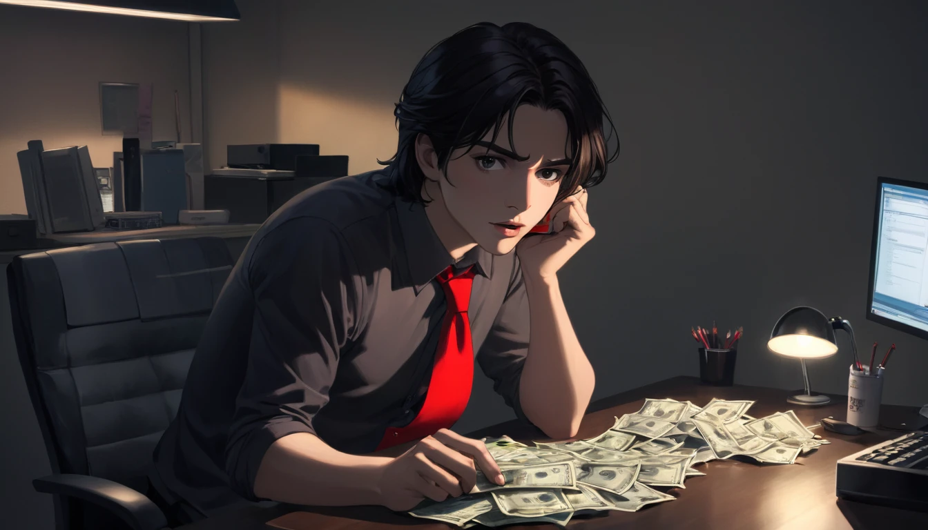Dark hair man seated at a computer desk, intensely focused on the screen in front of him. His eyes are wide open, and he has drool dripping from his mouth, indicating an obsession or deep focus. The man's right hand is resting on the desk, holding a dollar bill. From the screen, a woman's foot with red heels, holding a pair of red panties. On the desk, to the right of the man, there's a large bottle labeled "Lotion." Next to the keyboard, on the left side, there are used tissues, suggesting the man has been using them frequently. The background has a soft, warm glow, likely from a lamp, casting shadows and giving the scene a somewhat somber atmosphere. The overall mood should convey a sense of addiction or compulsive behavior.
