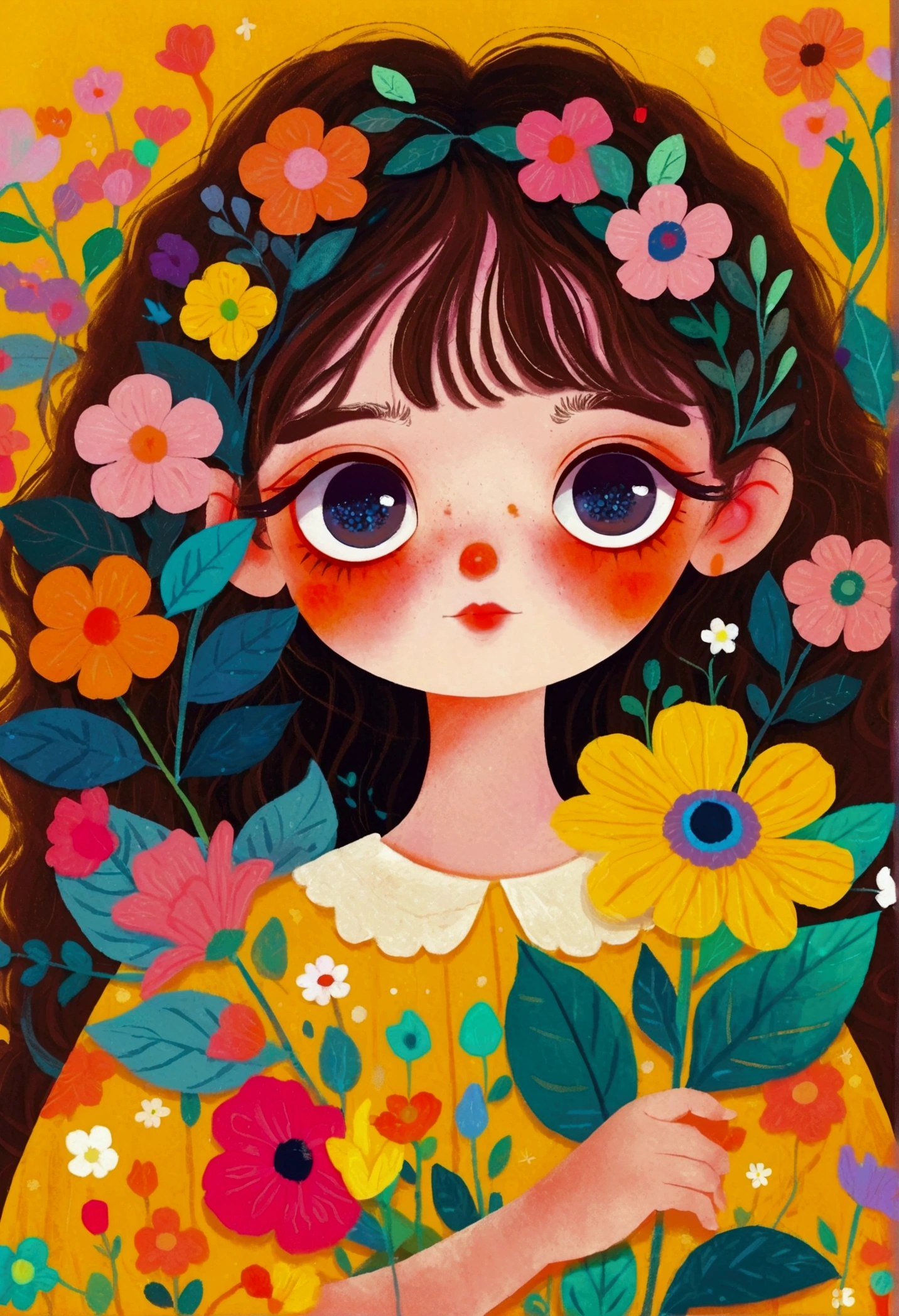 Illustration of a little girl holding flowers, big eyes,The art of math ,Hot trends, The art of math, Digital illustration style, The art of math. The art of math illustration,Cute illustrations,