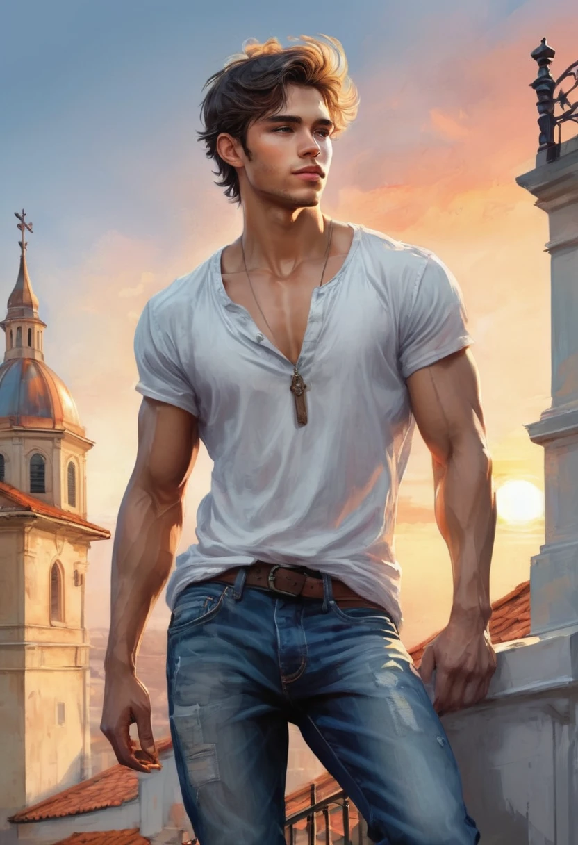 full body, 20 years old man, shirtless, barefoot, wearing jeans, wearing a toe ring beautifull, gorgeous, perfect realistic detailed muscles, muscled legs, adorable face, taller, masculine gaze, confident look, soft perfect white skin, barefoot, blue eyes, perfect anatomy, portrait, a painting of a young man Pencil Sketches by Albert Eckhout enchanting, He walks along the terrace of a building, with a church in the background on a beautiful sunset in the Mediterranean Sea fullcolor, sticker of a full body picture of a beautyfull young man, highly detailed beautyfull face, freedom, soul, digital illustration, approaching perfection, dynamic, highly detailed, watercolor painting, artstation, concept art, smooth, sharp focus, illustration in the style of artists like Russ Mills, Sakimichan, Wlop, Loish, Artgerm, Darek Zabrocki, and Jean-Baptiste Monge
