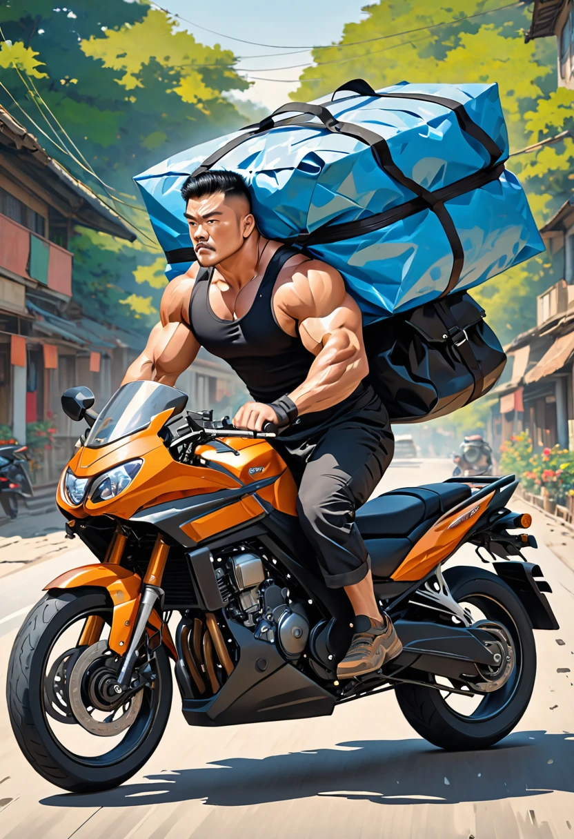 Strong man on a horizontal motorcycle carrying a large square bag