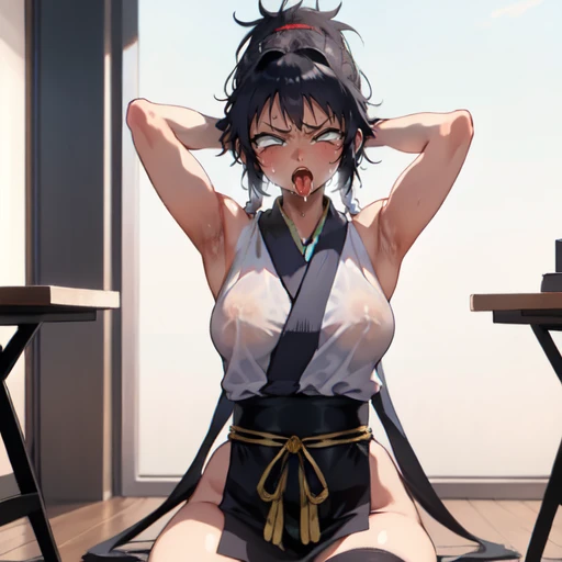 1girl, (ahegao),(muscle1.4), (masterpiece:1.3), (high resolution), (8K), (extremely detailed), (4k), (pixiv), perfect face, nice eyes and face, (best quality), (super detailed), detailed face and eyes, (solo), textured skin, absurdres, highres, wzkomachine, white eyes, Small breasts, sash, bike shorts, short sleeves, bangs, black gloves, fingerless gloves, long hair, black hair,ponytail, japanese clothes, kimono, sitting on floor, looking at viewer,Nipple exposure,Sexy, flirtatious, Solitary, eternity, - Hip vents, No underwear,No eyeballs, Also available in black, low twin braids,Facing the audience, looking at the audience, tired, from below, (Exposed armpit:1.1), ((armpit:1.2)), sexy, Sweating, More and more sweat,(ahegao), (Roll your eyes), Naughty face, blush, open mouth, Sticking out tongue, saliva, Slobber,Skinny, raise arms, (arms above head:1.5)