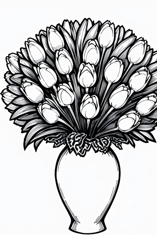 Coloring page for adults. White background, Black lines. Tulips in a vase. ((elegance. gradient. photorealism. unreal engine. split. 2D-модель. Ultra high quality textures. high detail. permission 8k))