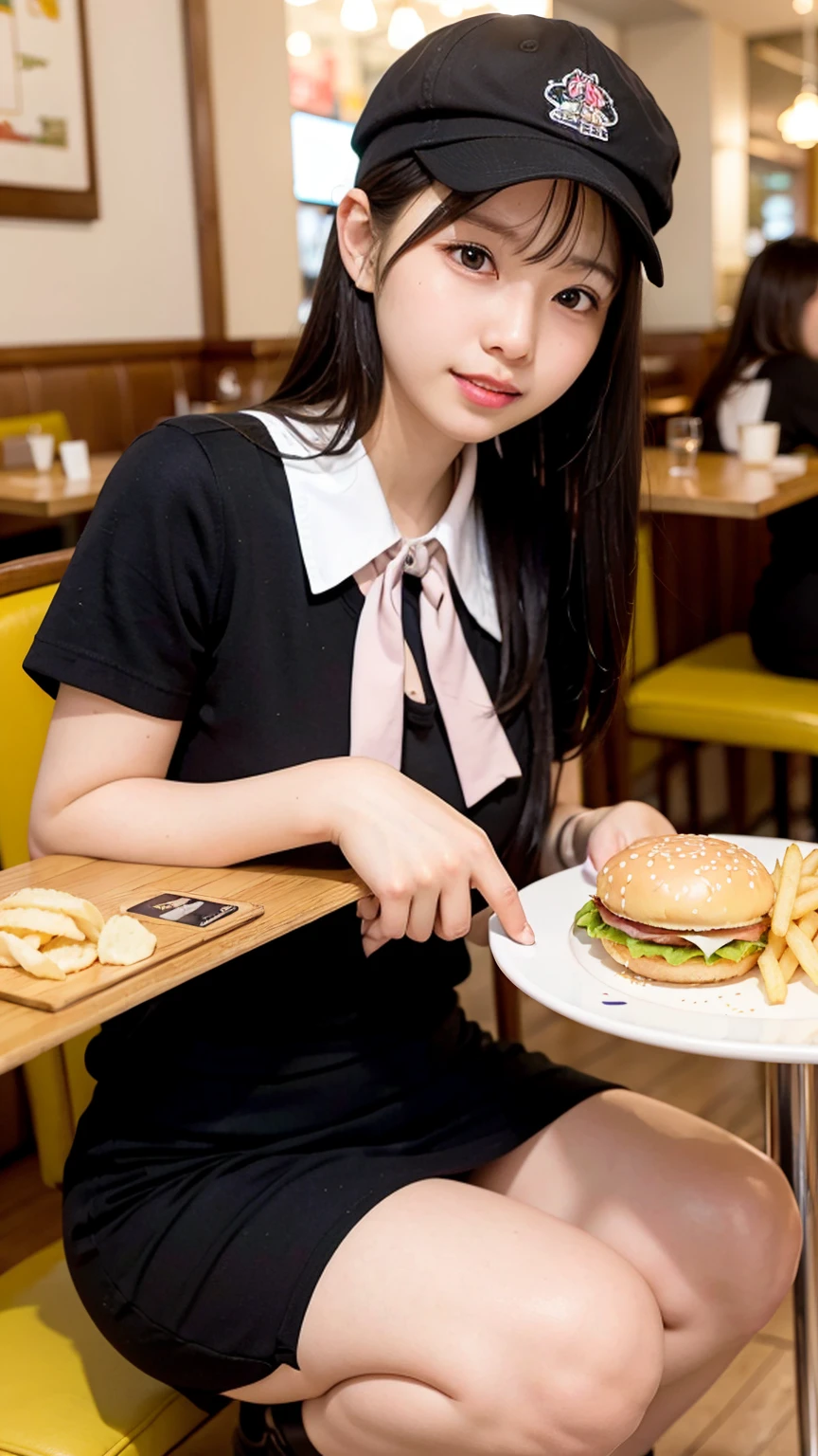 ((smile)) 、smile、Beautiful Skin、(Spread your legs)、Black salesman cap、Pink ribbon around neck、((Squatting on a restaurant table))、Big Mac、Eating french fries