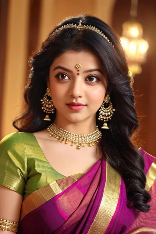 Beautiful Kajal Agarwal, very beautiful, closeup shot, real in a (((combination indian traditional saree))) (((saree))) (((blouse))), long black wavy hair untied, head jewellery, head clips, head chains, head tiara, necklace, long and beautiful earings, armlets, bangles and bracelets, rings, pleasant expression, bright big black eyes, holding a flower, natural beauty, vibrant colors, dreamy, northern light, magenta and gold colour, romantic, soft lighting, vintage aesthetic, big breasts 