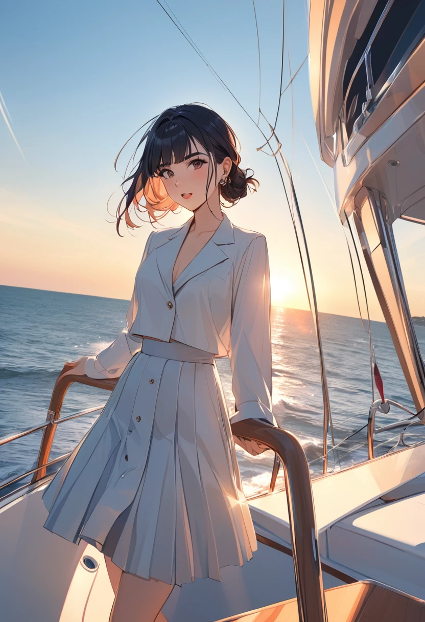 Young Scottish businesseswoman hanging out on a yacht in Biarritz in the style of Future Nostalgia by Dua Lipa