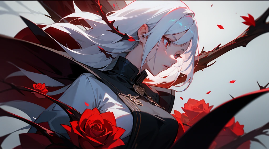 Throne,One huge breasted girl,Lots of roses,Thorn, Red eyes,Intense expression,White Hair,petal,profile,Upper body,Semi-dark, Semi-gloss,Support your face with one hand