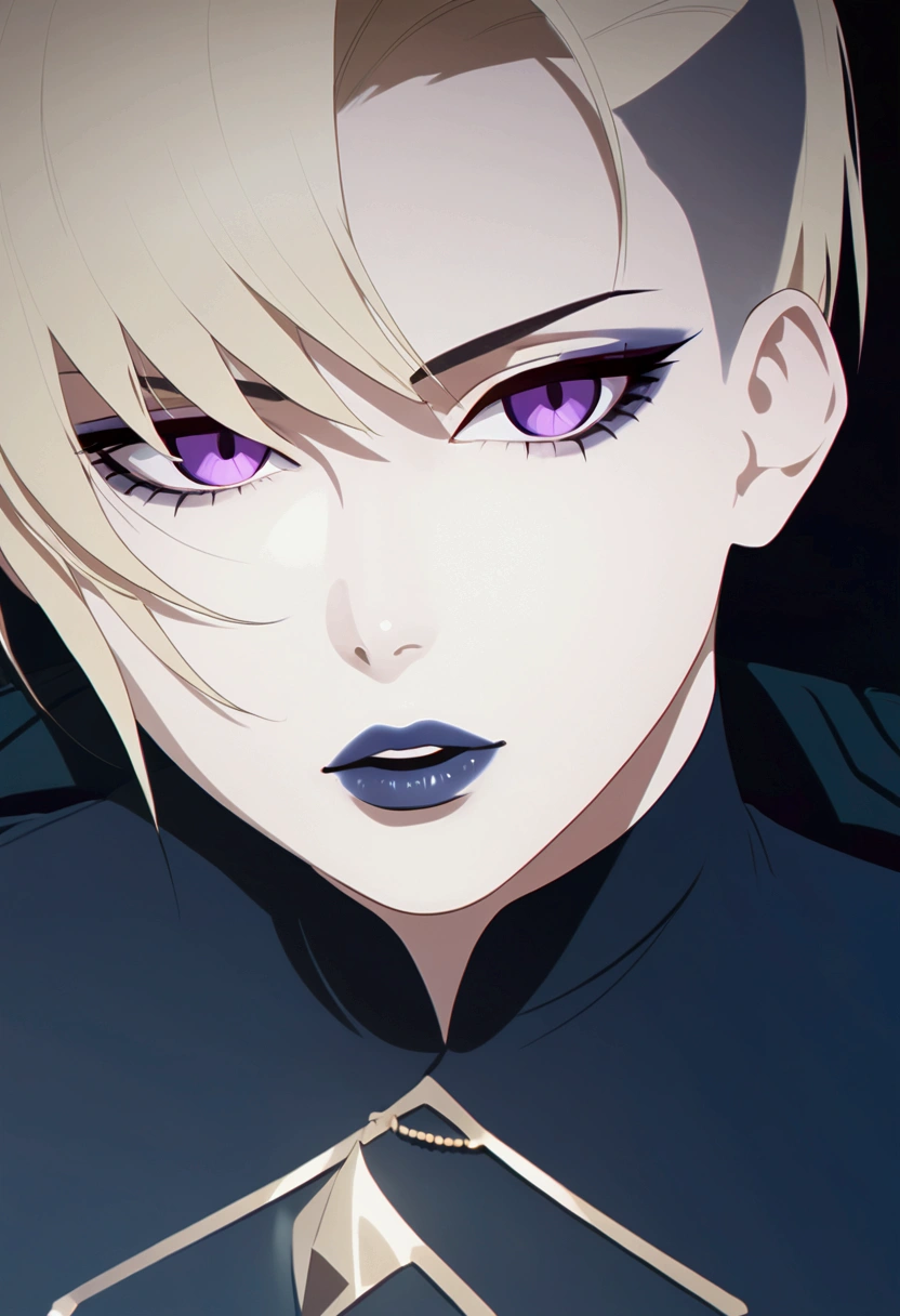 ((artwork, 8K, low light)), 1 woman, alone, Italian ethnicity, short female undercut hair swept to the side of the face, blonde hair color, purple eye color, dark blue lipstick lips, wearing black sexy dress with gold details, wearing two black gloves, wearing two brown sandals.