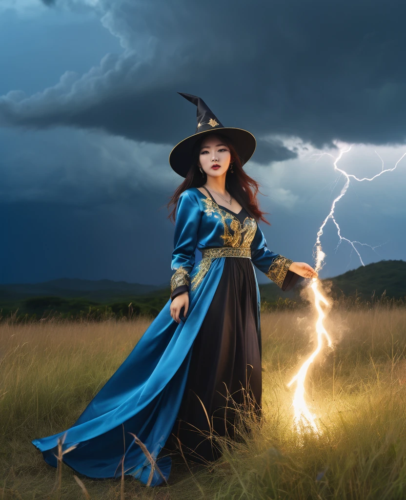 Highest quality photos, Young witch woman, Casting a spell in the grassland to create a fireball, Black clouds hang over the sky、Lightning glows, Blue clothing with gold embroidery, Beautiful Face