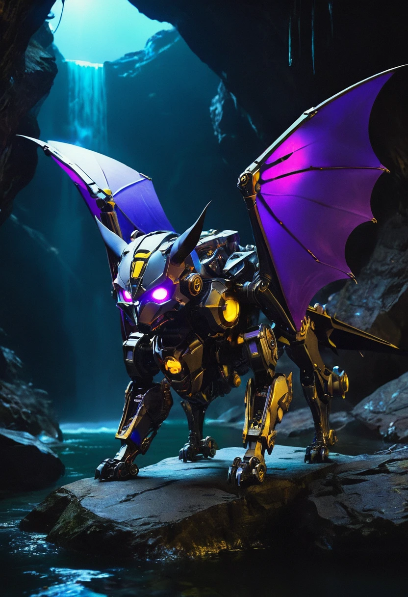 a portrait of a ((mechanical bat: 1.2)) in a dark cave, an epic mecha bat ((full body: 1.5)), ((anatomically correct: 1.5)), (ultra detailed face: 1.2), yellow eyes, mechanical eyes, glowing eye, blacj and purple wings, mechanical wings, in the dark rock cave, there is a stream of water, dark cave background, vibrant, Ultra-high resolution, High Contrast, (masterpiece:1.5), highest quality, Best aesthetics), best details, best quality, highres, 16k, (ultra detailed: 1.5), masterpiece, best quality, (extremely detailed) RAW, (ultra details, Masterpiece, best quality), nijimecha