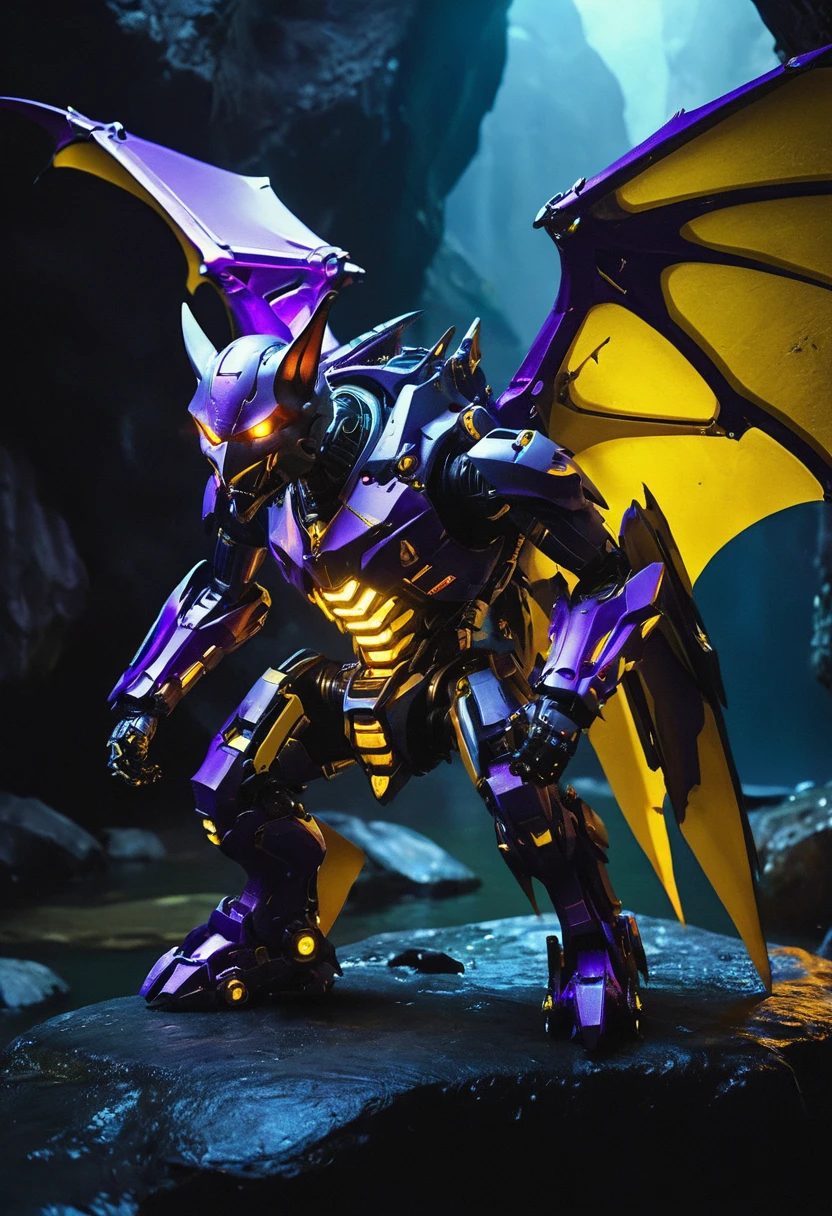 a portrait of a ((mechanical bat: 1.2)) in a dark cave, an epic mecha bat ((full body: 1.5)), ((anatomically correct: 1.5)), (ultra detailed face: 1.2), yellow eyes, mechanical eyes, glowing eye, blacj and purple wings, mechanical wings, in the dark rock cave, there is a stream of water, dark cave background, vibrant, Ultra-high resolution, High Contrast, (masterpiece:1.5), highest quality, Best aesthetics), best details, best quality, highres, 16k, (ultra detailed: 1.5), masterpiece, best quality, (extremely detailed) RAW, (ultra details, Masterpiece, best quality), nijimecha