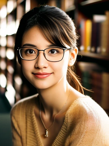 (8k, RAW photo, best quality, masterpiece), (photo realistic), outstanding details, ultra-high resolution, anatomically correct, textured skin, (Extremely precise and accurate anatomy),
Ultra Detailed Face, Detailed Eyes,
A cute Japanese girl,
(fearless smile:0.1), (Mouth slightly open),
(lower chignon), (Rimless glasses),
looking at viewer,
white simple summer sweater,
dark brown hair, Forehead,
simple silky flared skirt, Light brown skirt, Midi length skirt,
Earrings, Necklace,
(background library interior, bookshelves),
(backlighting),
reflection light from below,
atmospheric perspective, depth of field,
(dramatic lighting), cinematic lighting,