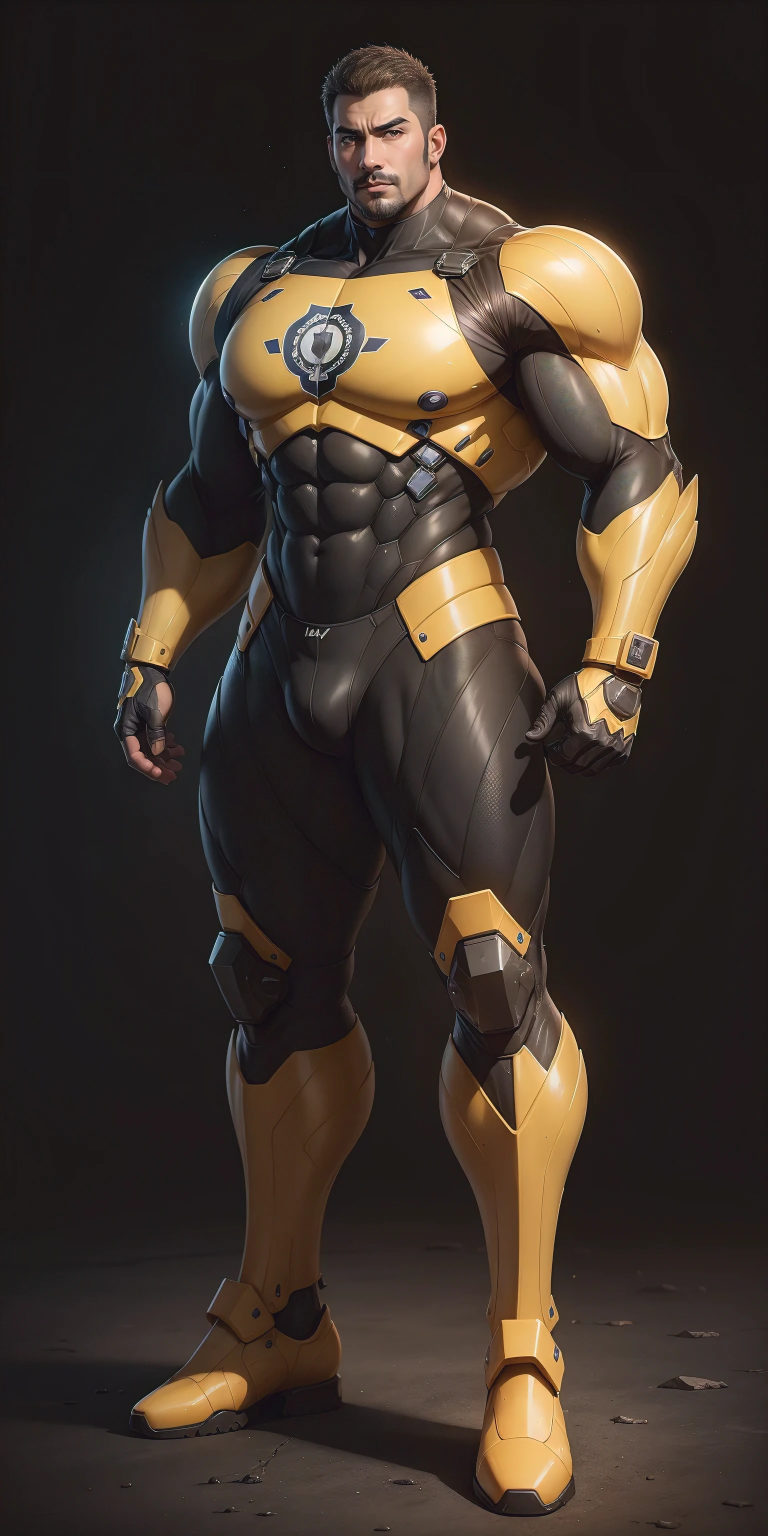 Tall giant muscular police officer,Yellow-gray honeycomb network pattern nano mecha,Honeycomb pattern,Lightweight texture,Character Concept(Resident Evil - Chris Redfield,Chris Redfield)senior police officer,Small grid texture,Regular symmetrical texture pattern,Sad expression,Deep and charming eyes,Emerald Eyes Hero,Heroic male pose,Tall burly,muscular!Attractive leg muscles,High target, Burly, Heqiang, Super Buff and Coolness, High Resolution Committee, Bigfoot yellow-gray ultra-thin nano-mechanical boots,Charismatic strongman,The bright sunshine shines on you,Matte particles,Shiny texture