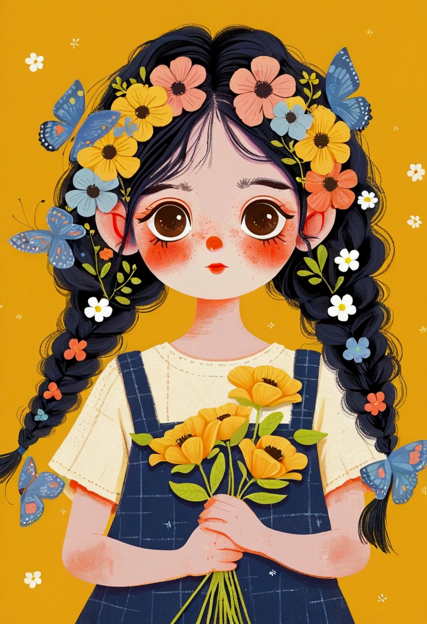 Illustration of a  holding flowers, big eyes，Braids，The art of math ，Hot trends, The art of math, Digital illustration style, The art of math. The art of math illustration,Cute illustrations,