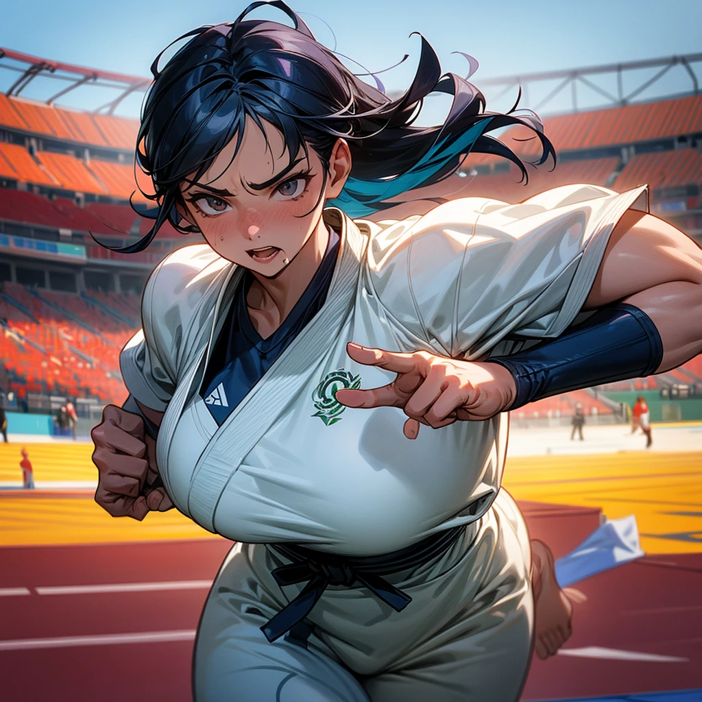 NSFW, sexy, erotic, A dramatic moment in an Olympic judo match when a determined female judoka throws her larger female opponent with an impressive and powerful throw. The judo uniforms of both competitors are slightly disheveled from the intensity of the match. The expression on the female judoka's face as she executes the throwing technique shows strong concentration and effort. The scene is shot in a highly detailed and realistic animation style with fine detail and rich, vibrant colors. The background depicts an Olympic stadium filled with enthusiastic spectators. Lighting highlights the dynamic movement and physical effort of the athletes. Focus is sharp, conveying realistic anatomy and dramatic tension.
--vivid colors, --dynamic pose, --sharp focus, --dramatic lighting, --realistic anatomy, --high_quality, --ultra_detail, --intricate_design, --extremely_detailed, --hyper_realistic, --zenith, --max, --judo, --olympic, --sexy