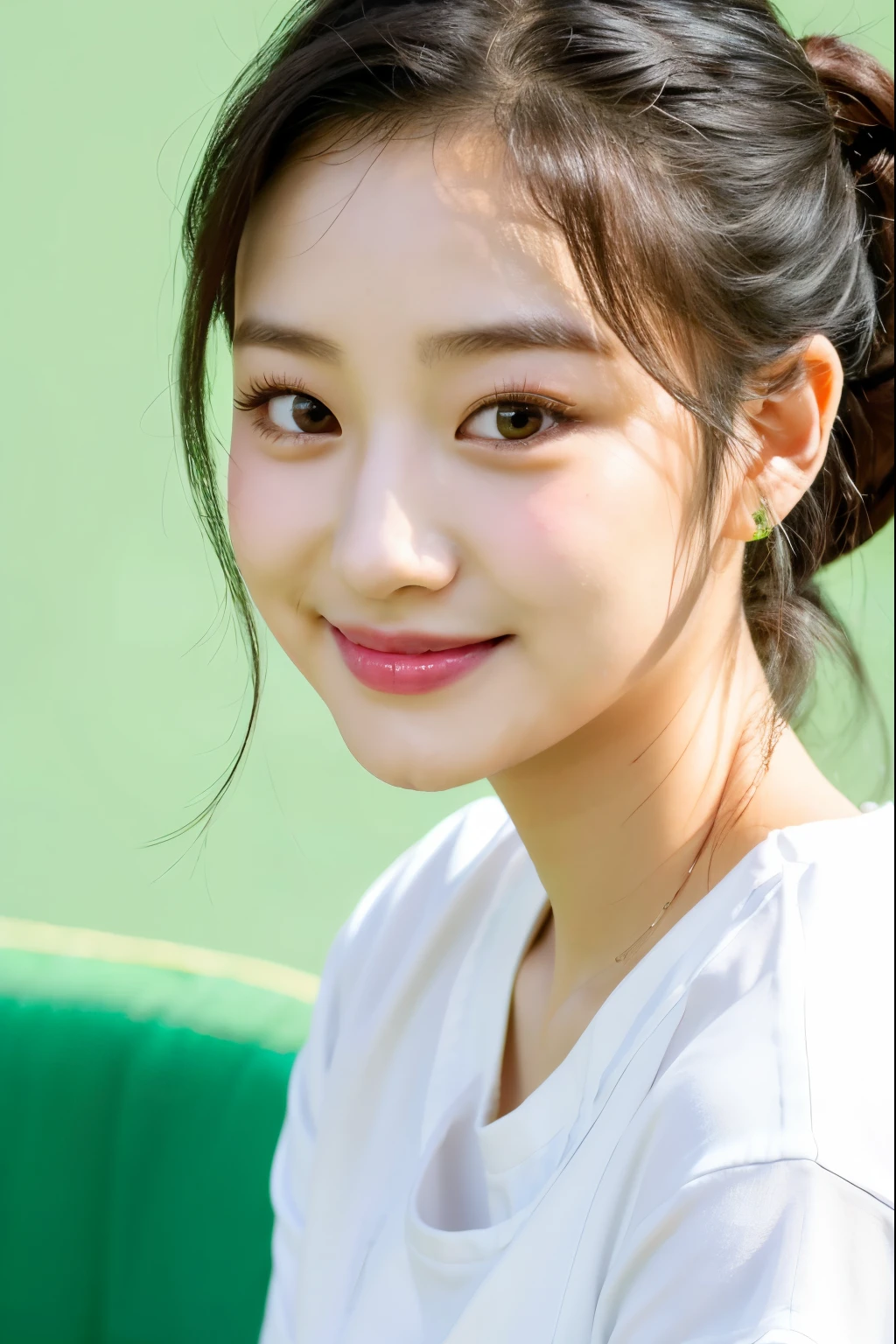 a close up of a woman with a white shirt and a green background, with round face, korean face features, young adorable korean face, wan adorable korean face, korean symmetrical face, bae suzy, jaeyeon nam, with round cheeks, popular south korean makeup, popular korean makeup, youthful face, tzuyu from twice, inspired by Kim Jeong-hui