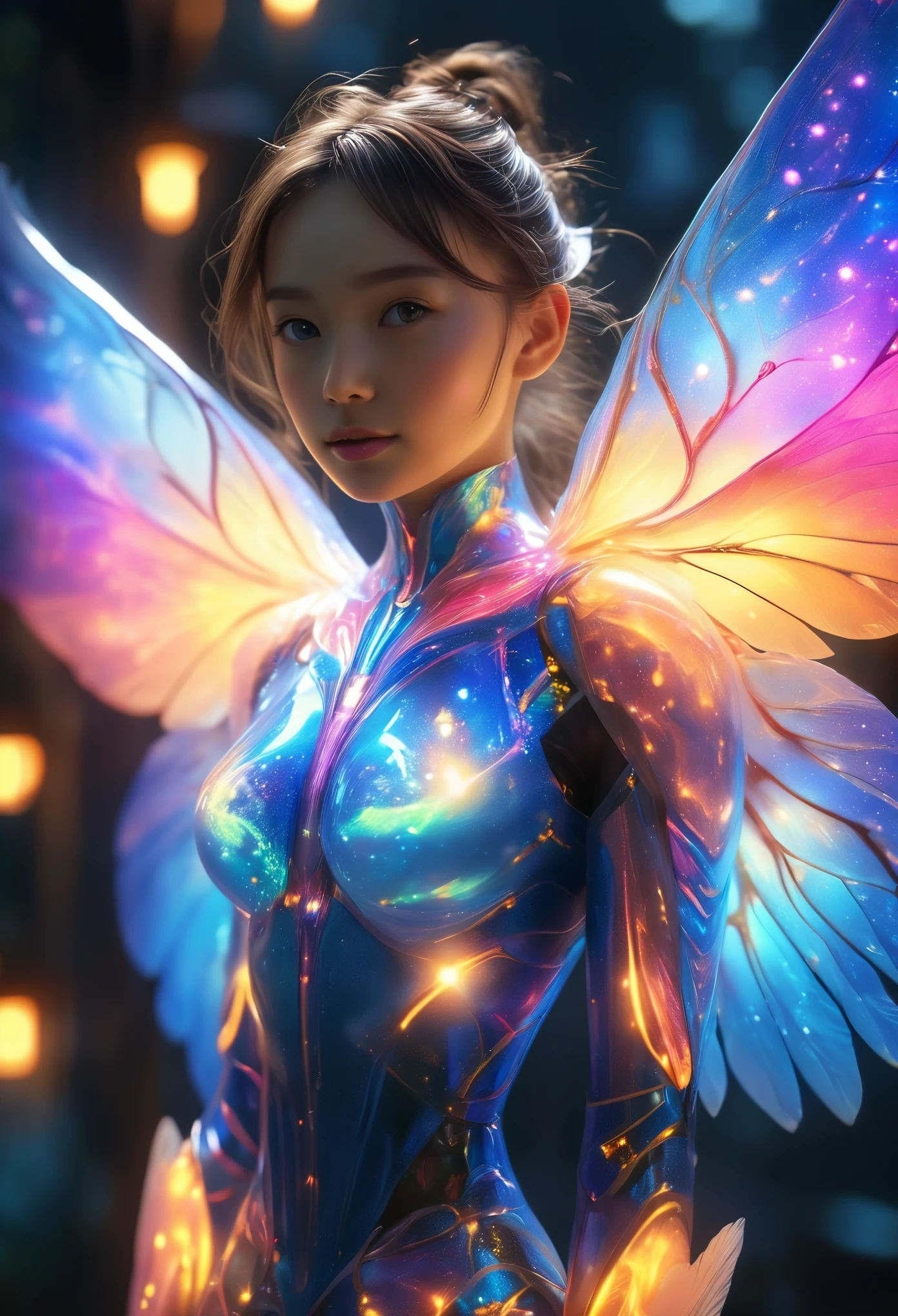 beautiful alien woman emerging from a cocoon, detailed beautiful face like cute girl and body, from back, (glowing eyes, glowing skin:1.5), intricate organic details, translucent wings, symmetrical face, ethereal lighting, cinematic, vibrant colors, digital art, highly detailed, 8k, photorealistic, whole body, Floating in the air