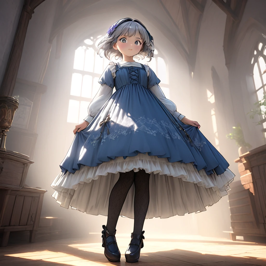 (Highly detailed CG Octane render 8k wallpaper), 8 year old girl underwear, Realistic cotton bloomers, Medieval long dress with panniers, Fabric Realism, Low Angle,  Pull up the dress by hand, Strong winds, Translucent slip, Translucent slip, tights, Highest quality, whole body