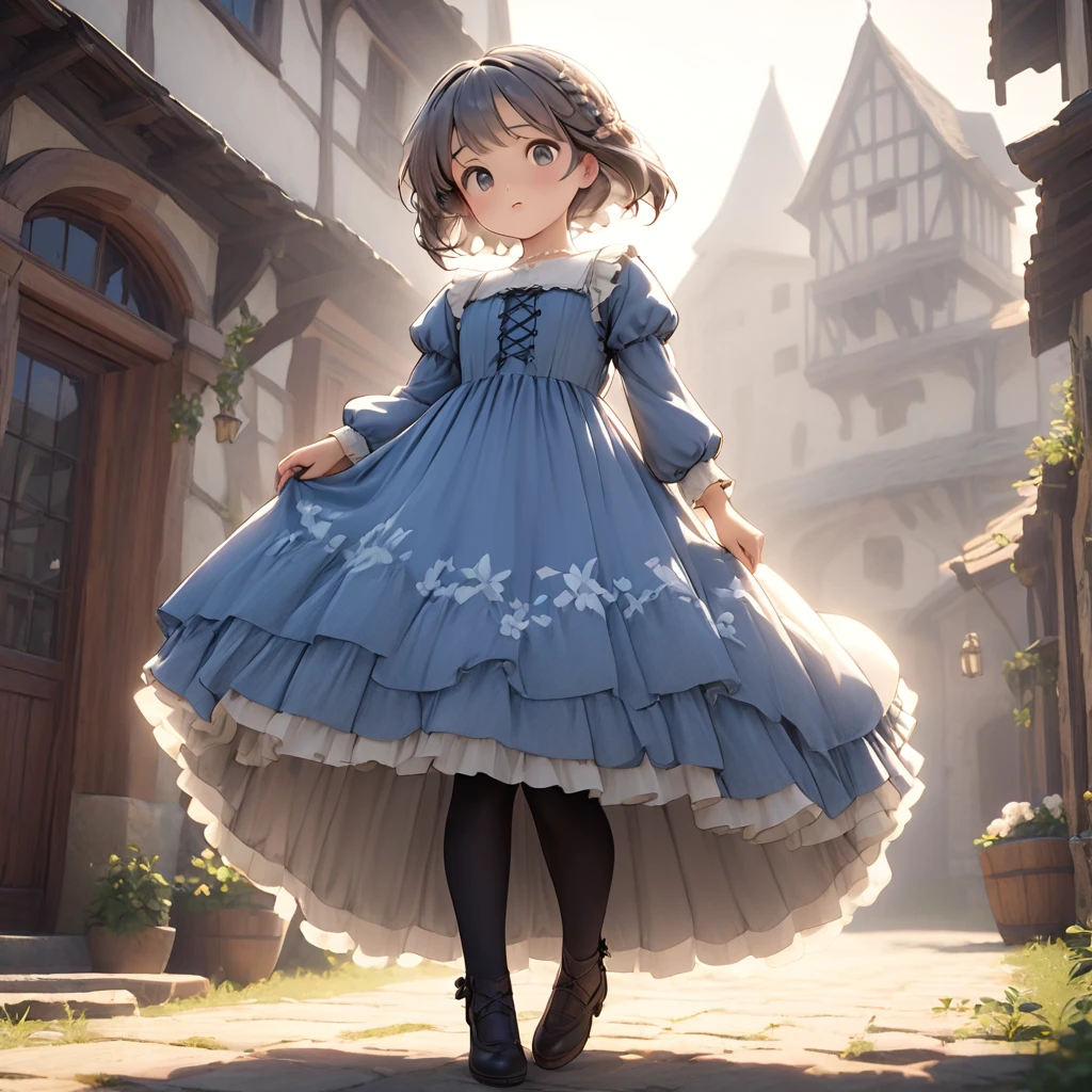 (Highly detailed CG Octane render 8k wallpaper), 8 year old girl underwear, Realistic cotton bloomers, Medieval long dress with panniers, Fabric Realism, Low Angle, Pull up the dress by hand, Strong winds, Translucent slip, Translucent slip, tights, Highest quality, whole body