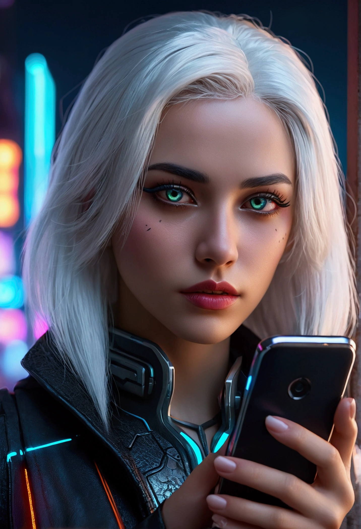 cyberpunk female, white hair, holding smart phone, beautiful detailed eyes, beautiful detailed lips, extremely detailed eyes and face, long eyelashes, dramatic lighting, neon lights, futuristic city background, intricate details, vibrant colors, cinematic, 8k, ultra-detailed, masterpiece, photorealistic