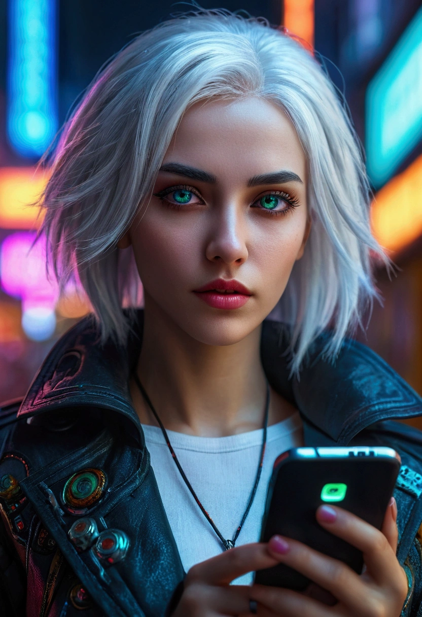 cyberpunk female, white hair, holding smart phone, beautiful detailed eyes, beautiful detailed lips, extremely detailed eyes and face, long eyelashes, dramatic lighting, neon lights, futuristic city background, intricate details, vibrant colors, cinematic, 8k, ultra-detailed, masterpiece, photorealistic