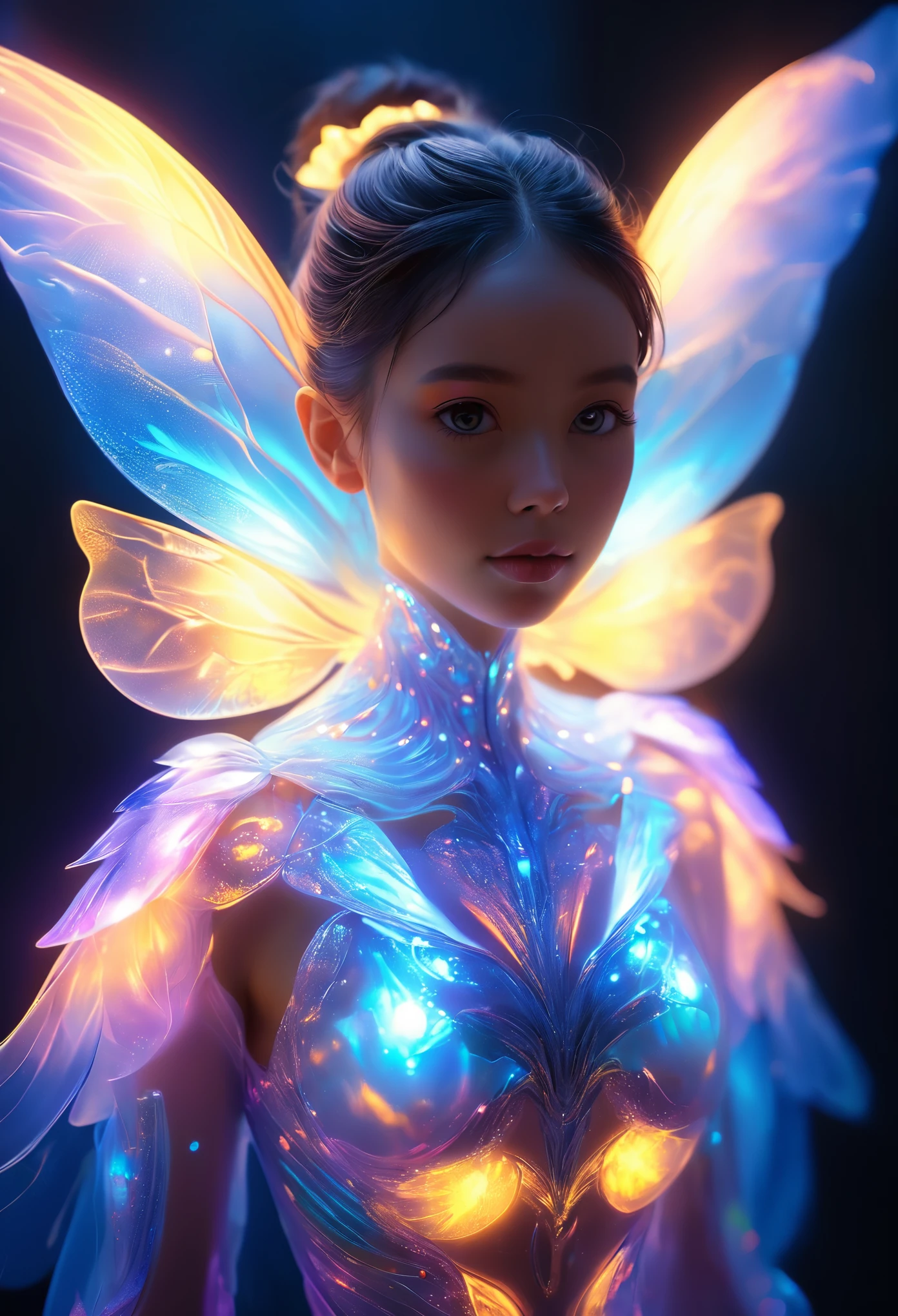 beautiful alien woman emerging from a cocoon, detailed beautiful face like cute girl and body, from back, (glowing eyes, glowing skin:1.5), intricate organic details, translucent wings, symmetrical face, ethereal lighting, cinematic, vibrant colors, digital art, highly detailed, 8k, photorealistic, whole body, Floating in the air