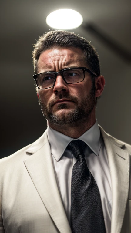 An award-winning original photo，A wild muscular man, (40 years old daddy:1.1), 1boy, Solo, (black suit), (white dress shirt), (black print necktie), (big shoulders), musculature, stubbles, Short beard, (Detailed body), realistic eyes, wearing glasses, deadpan, upset, (looks intimidating), looking at viewer, dark lighting, (Best quality, A high resolution, Photorealistic), Cinematic lighting, Masterpiece, RAW photo, Intricate details, hdr, depth of field, upper body shot, (realistic:1.2), (from the front and from below)