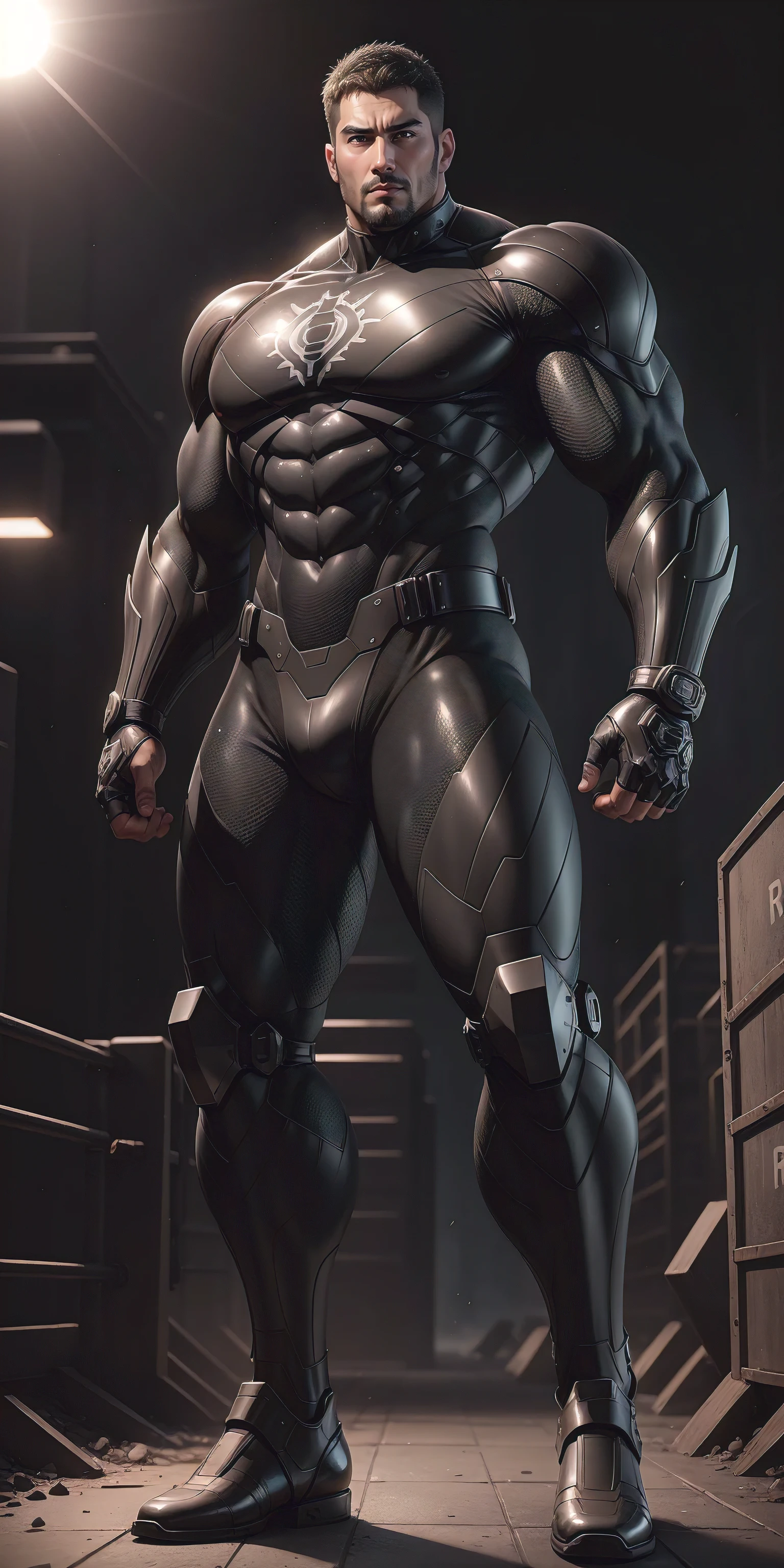 Tall giant muscular police officer,Shiny black honeycomb network pattern nano mecha,Honeycomb pattern,Lightweight texture,Character Concept(Resident Evil - Chris Redfield,Chris Redfield)senior police officer,Small grid texture,Regular symmetrical texture pattern,Sad expression,Deep and charming eyes,Emerald Eyes Hero,Heroic male pose,Tall burly,muscular!Attractive leg muscles,High target, Burly, Heqiang, Super Buff and Coolness, High Resolution Committee, Big Foot Shining Black Ultra-thin Nano-Mechanical Boots,Charismatic strongman,The bright sunshine shines on you,Matte particles,Shiny texture