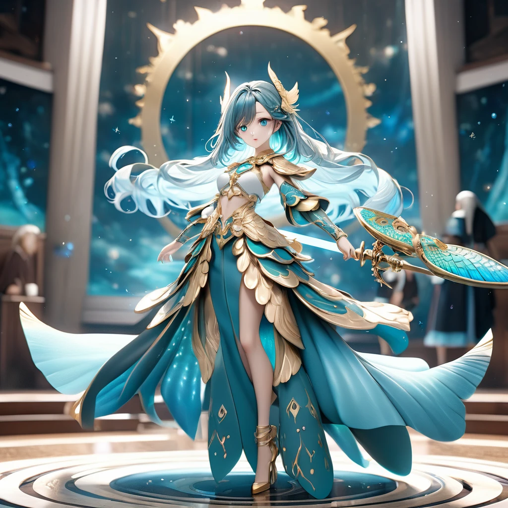 4K anime style quality, digital drawing mode, Libra-themed anime female character, medium-length teal hair with feather highlights, serene blue eyes, wearing an outfit with scales and balance motifs, holding a scale and sword, Blur the background to create a three-dimensional effect, atmosphere, standing in a celestial courtroom, radiant skin, flowing hair, glossy lips, balanced eyes, full body, dynamic pose, life size, perfect anatomy, detailed skin texture, full HD, 4K, HDR, perfect anatomy, depth of field.