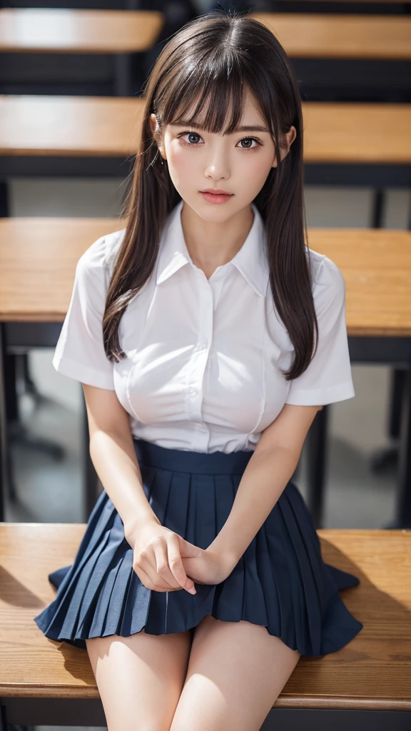 ((Medium Hair))), Best Quality, 8K, HDR, Hi-Res, Absurdity: 1.2, Background Blur, Bokeh: 1.2, Photo, (RAW Photo: 1.2), (Photorealistic: 1.4), (Masterpiece: 1.3), (Complex Details: 1.2), 1 Girl, Solo, Japan Girl, Delicate, Beautiful, Detailed, (Detailed Eyes), (Detailed Facial Features), Petite, ( Medium breasts))), skin tight, (see the beholder), from the front, (skinny), (highest quality: 1.4), (ultra high resolution: 1.2), cinemalite, (highly detailed illustration), (lip gloss, highest quality, ultra high resolution, depth of field, caustics, broadlighting, natural shading, 85mm, f/1.4, ISO 200, 1/160s: 0.75), one girl, solo, smile, ((uniform shirt with shoulders visible, checkered pleated skirt, classroom)), ((no underwear)))),((shirt front open)),((holding skirt hem)),skirt up))