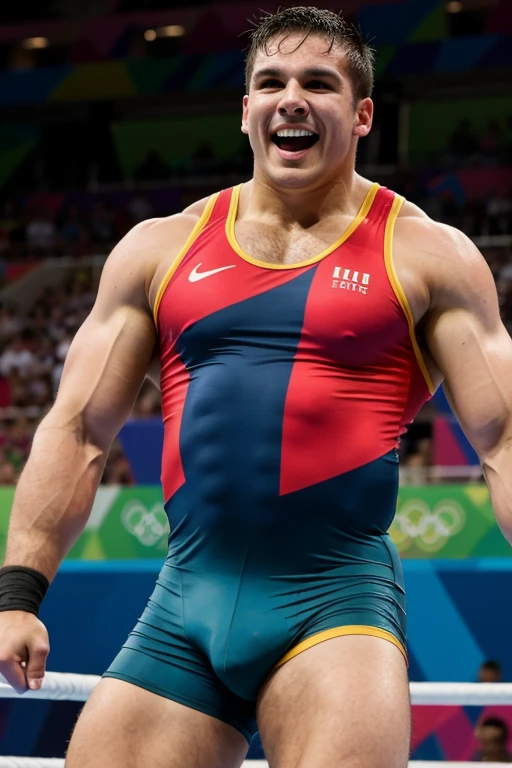 Male wrestler at the Olympic Games, triumphantly, flexes his biceps, enges outfit, visible bump