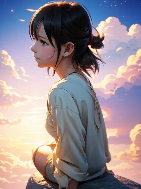 anime girl sitting on a rock looking at the sky,a tower piercing the sky in the distance, makoto shinkai cyril rolando, anime ar...