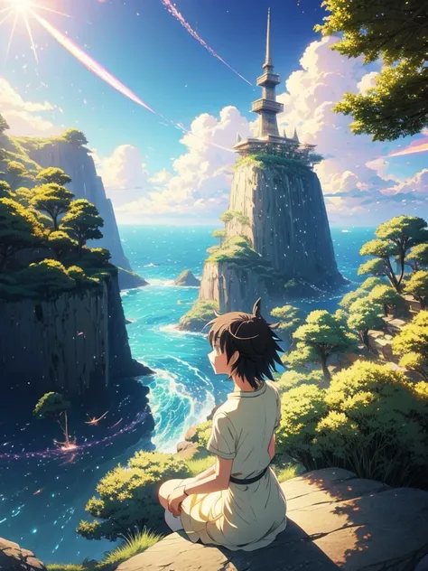 anime girl sitting on a rock looking at the sky,a tower piercing the sky in the distance, makoto shinkai cyril rolando, anime ar...