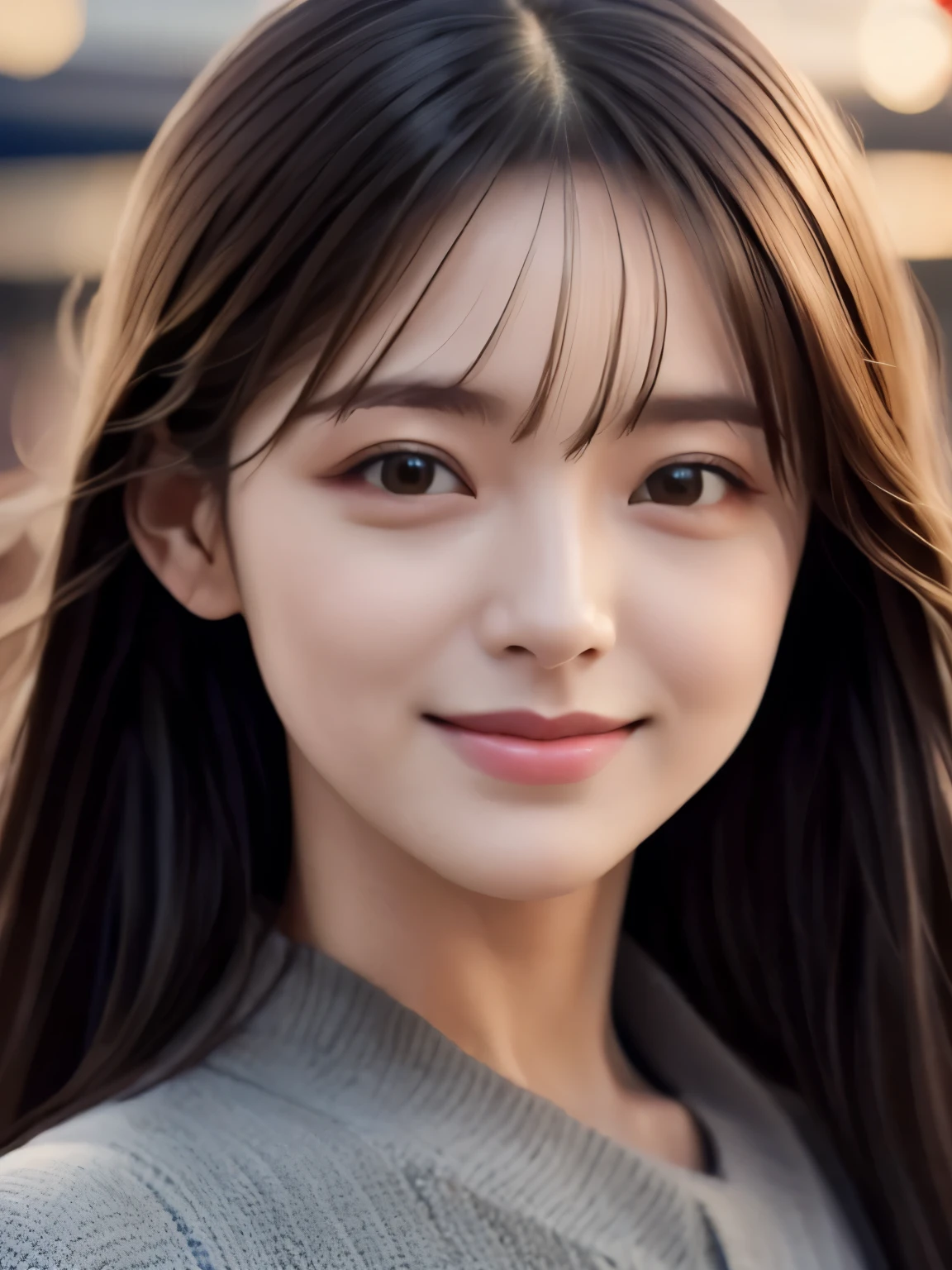 1woman,28yo,Close up,((face focused)),Detailed details,、high resolution、high quality、Perfect dynamic composition、Beautiful detailed eyes、Natural Color Lip、1 persons、Transparent skin、Glowing hair、smiling,masterpiece、Best Quality、finely detail、high resolution、8K、The correct state of the human body、She wears a navy blue long knit dress、randome pose、Gravure Model Pose、Hair soaring in the wind