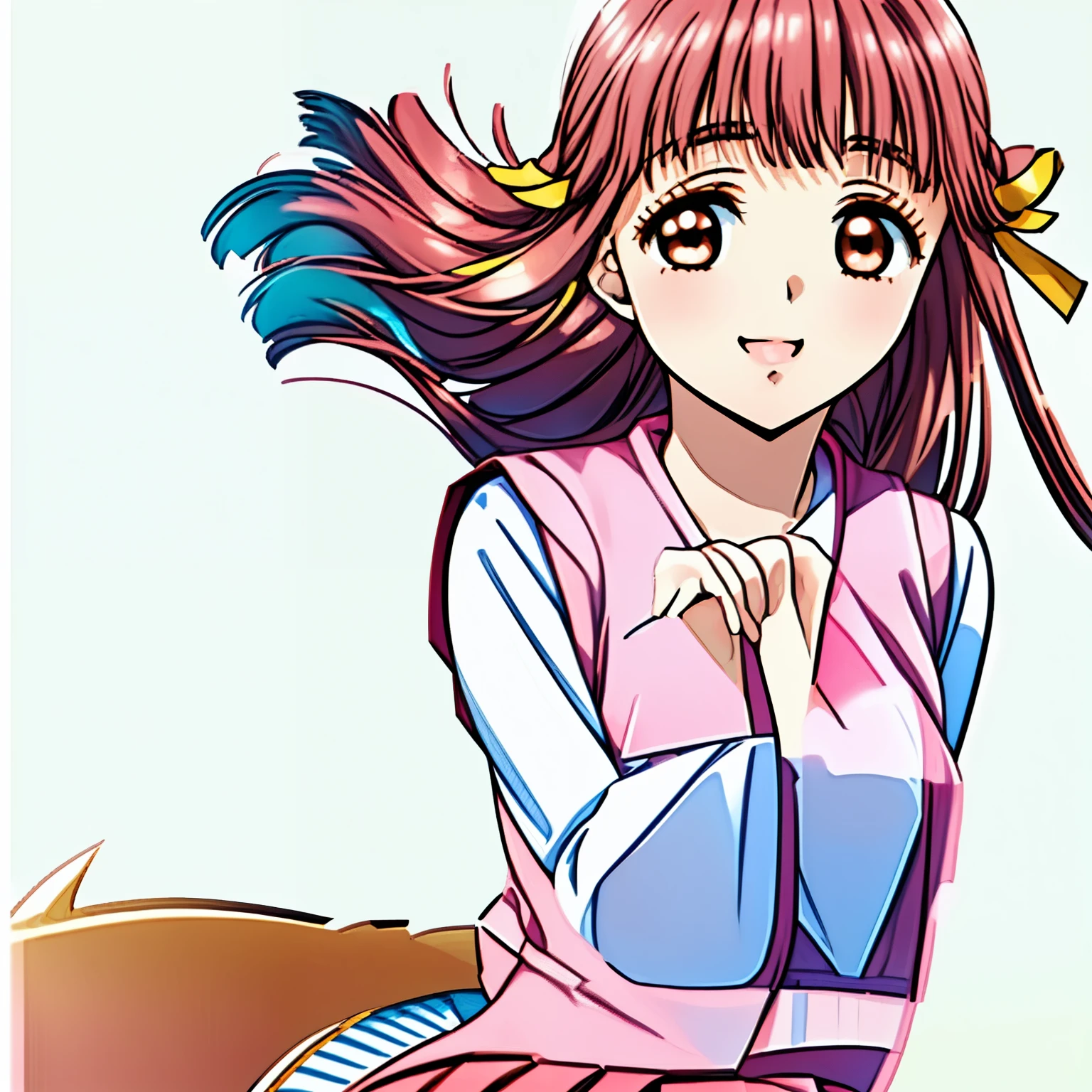 (highest quality, masterpiece:1.2), highest quality, High resolution, 1080P, 8k, (Very beautiful high-resolution anime CG drawn with very thin sharp lines: 1.5), (Sole Beautiful girl anime heroine, A very neat, very noble, pretty, pure girl is laughing and looking up cutely: 1.4), (beautiful smiling blue-eyes with detailed: 1.6), (sharp thin lines: 1.5), (Glossy lips: 1.2), Evenly cut curled bangs, (Very beautifully flowing and very super-long flowing pink long straight hair: 1.4), (Noble red school vest uniform, red pleated noble skirt, light-pink neat blouse: 1.8), (Yellow cute school ribbon on her chest), (Yellow hair ribbon clip: 1.0), (Giggling: 1.0), (Mouth is laughing and wide open as a game heroine: 1.0), (A beautiful body like a model), (long cute eyelashes: 1.4), (Tilting her head shyly: 1.2), (She is in fact school-uniformed Sacred Venus and too beautiful: 1.5), (We are looking her facial profile from the side: 1.5), (Strong wind flows her long beautiful hair: 1.2), (Nothing but plain white background: 1.6)