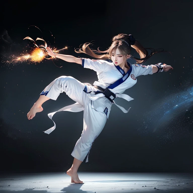 arafed light blonde nordic woman wirh Blue Hazel eyes in white karate outfit kicking a firework, karate outfit, iu lee ji-eun as a super villain, white uniform, full body xianxia, martial arts, fighting game character, martial art pose, in a fighting pose, stunning action poses, fighting pose, inspired by Leng Mei, fanart, fighter pose, fighting stance energy, fight pose.