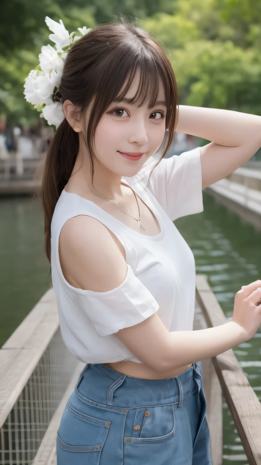 Best image quality (8k, High resolution, masterpiece: 1.2), Very detailed, Random Hairstyles, 26-year-old woman, 

Extraordinary beautiful girl、Cute and beautiful face details、(Dealing with the Children_v1:0.008)、


score_9, score_8_upper, score_7_upper, 
 Traditional events of Japan、Bon Odori Situation: On the bridge where the festival takes place、Many people々Dancing Scenery。
clothing: Because it&#39;s on a bridge、There are many cool looking yukatas and jinbei。Wear geta or zori sandals。
Pause: With my hands on the railing of the bridge、Dancing while looking at the river。
Camera angle: From the side of the bridge、Dancer々A composition that captures the flow of the river together。


,Active stop temporarily ,
On her side、The thunder danced。
Focus on the upper waist


, Random cute poses ,Big eyes ,Puffy eyes ,  Heart pupil, blush  , Big shy smile , salute

　