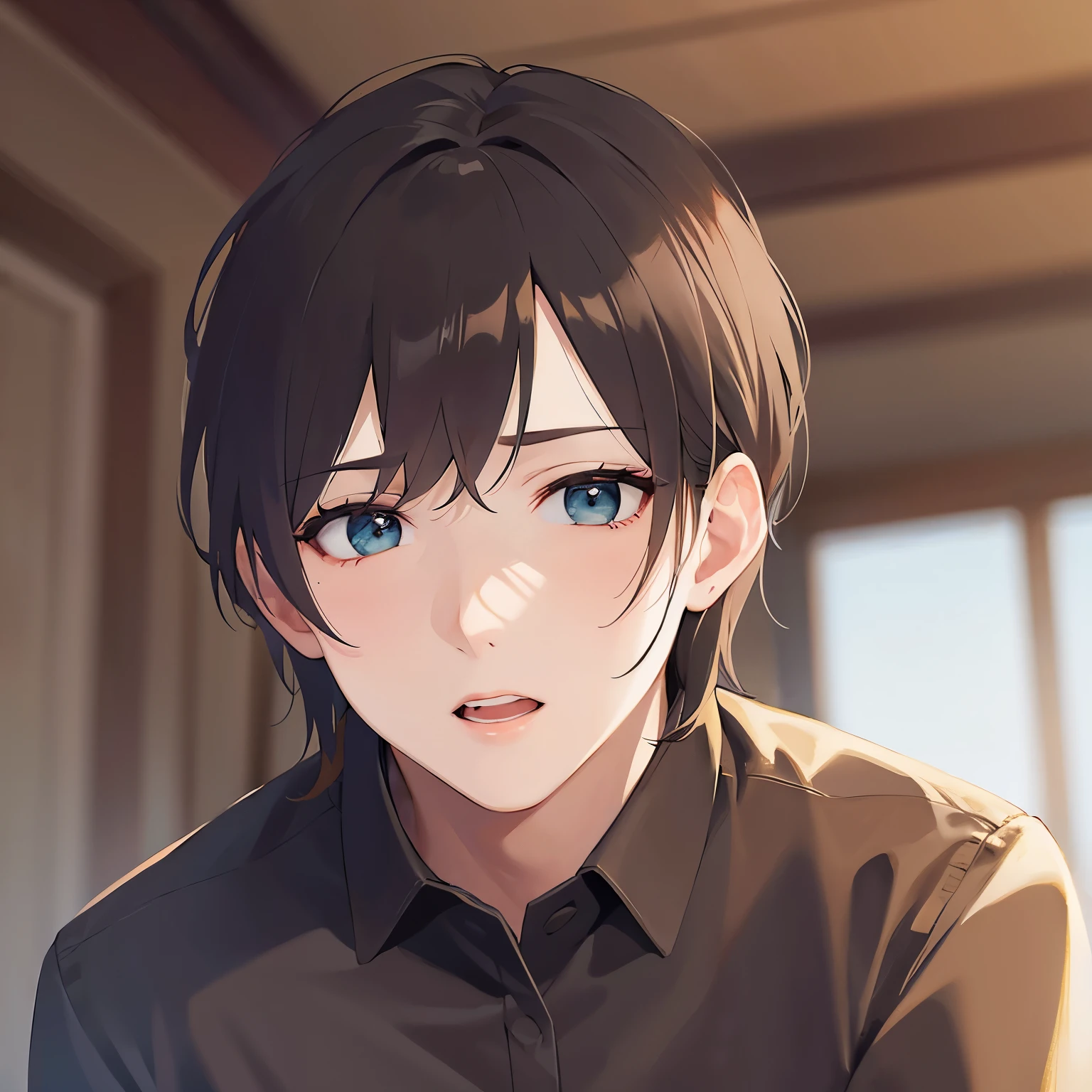 (looking away:1.5),masterpiece、Highest quality、Are standing、close-up,
BREAK (25-year-old male:1.5) and (Mahogany brown short hair) and (Green Eyes)BREAK,
Black long sleeve shirt、
Serious,open mouth,The background is the living room、(alone:1.5)