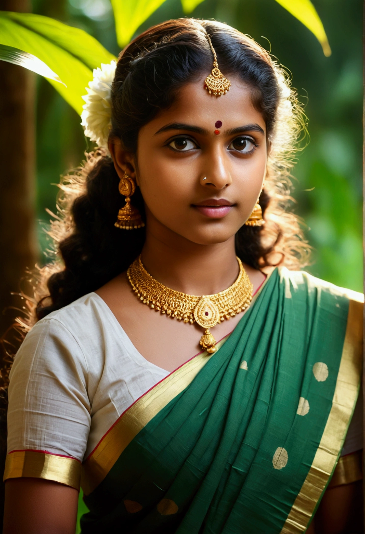 masterpiece, best quality, high quality, High definition, High quality texture, High quality shadow, high detail, realistic, Cinematic Light, sidelighting, Lens Flare, Ray tracing, sharp focus,an image of a Kerala traditional girl with long, curly hair. She should be looking directly at the camera with a clear and realistic expression on her face. The girl should be wearing traditional Kerala attire, which typically includes a saree or a salwar kameez, and adorned with traditional jewelry and accessories. The background should reflect the cultural and natural beauty of Kerala, with lush greenery and perhaps elements like coconut trees or a serene backwater scene seducing naked huge tits exposing 