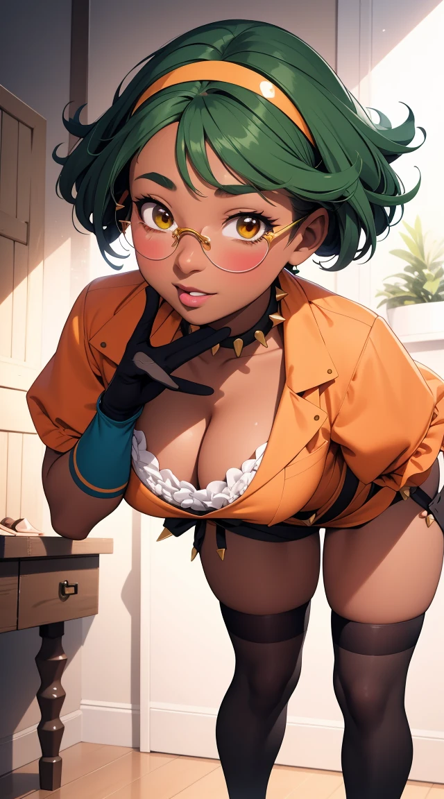  Hyper risography realism,  hyper-hd, fullbody,  close up, wink, volumetric lighting,god hour, sharp gradients,  deep highlights, aesthetic,  absurdres,masterpiece, best quality, expressive eyes, perfect face,perfect eyes, perfect anatomy,  perfect woman, lean forward,{{ fingerless gloves, thigh boots, cropped jacket, short sleeves, orange jacket, frilled dress, green sleeveless dress, spiked bracelet, spiked hairband, spiked collar, scorpion print thighhighs, spikes}}, {{{ large breasts,  hair between eyes,   defined sensual muscle, bubble butt  abs, wide hips, firm breast, voluptuous perfect oval physique, glasses,  orange and gold heterochromia eyes, black dreadlocks, flat nose, wide nose, heartshaped face, dark chocolate complexion, african-caribbean, very darkskin black woman, sensuous shortstack, Black girl, Sassy,}}} 