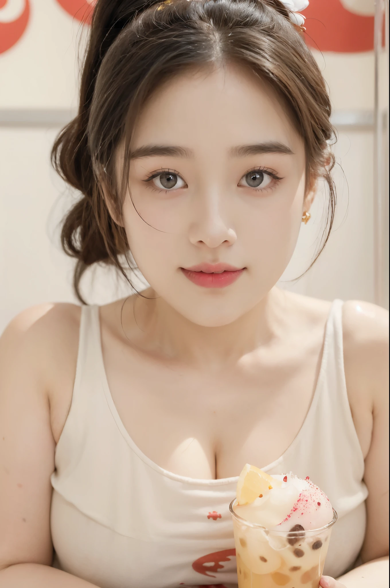 (((best quality))),(((ultra detailed))),(((masterpiece))),illustration,((a girl,solo)),(((fat,plump,overweight))),(obese:1.3),((small breasts,flat chest)),(in Honey Snow City:1.3),(bubble tea:1.2), ((round huge face,double chin)),rosy cheeks, bright eyes,(short ponytail:1.2), delicate earrings,(tank top:1.3), floral patterns,(hourglass figure:1.3),(Red and white theme:1.3),cozy tea shop, cheerful posters,sunlight, expressive face, joyful laughter, summer afternoon, content, at ease,((from front,close-up of face))