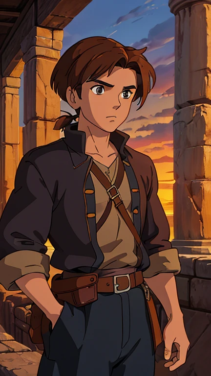 (a man as Jim Hawkins), (extremely detailed CG unit 8k wallpaper),(master part), (best quality), (ultra detail), (best illustration),(ghibli style), cowboy shot,(Sharp eyeliner, ombre, detailed eyes:1),Dark Atlantis ruins interiors background,break,upper body